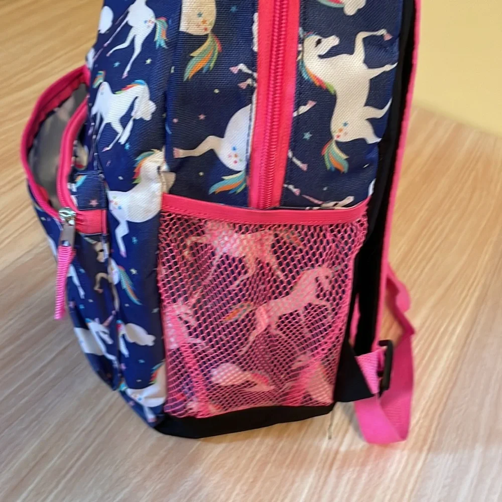 Unicorn backpack blue and pink matching pencil case rainbows girl kids youth